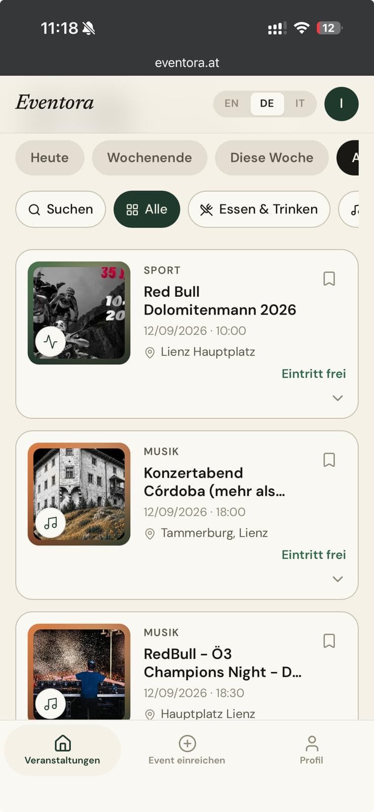 Eventora — the live webapp running on a phone
